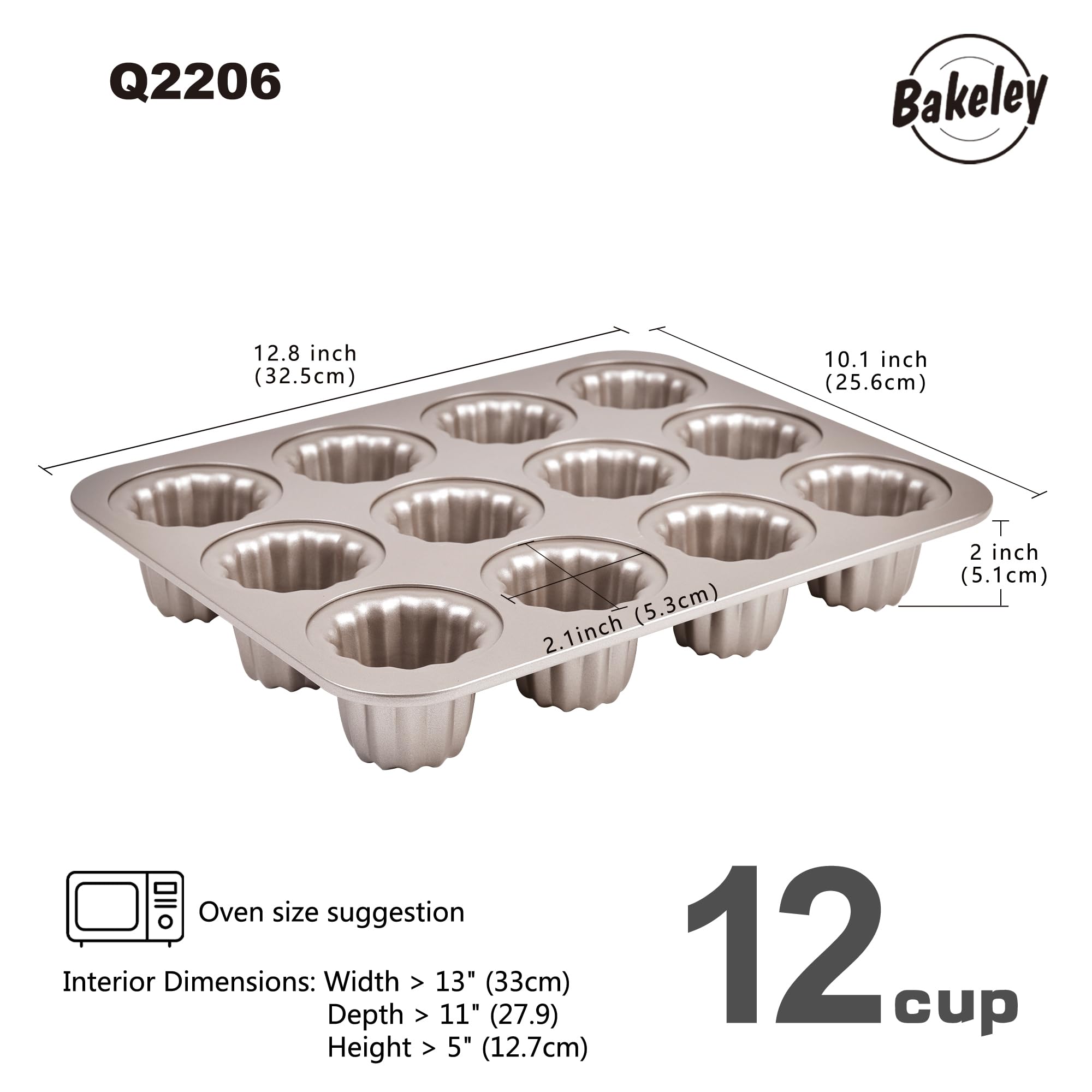 Bakeley 12 Canele Mold Cake Pan Non-Stick Canele Muffin Bakeware Cupcake Pan for Oven Baking (Champagne Gold)