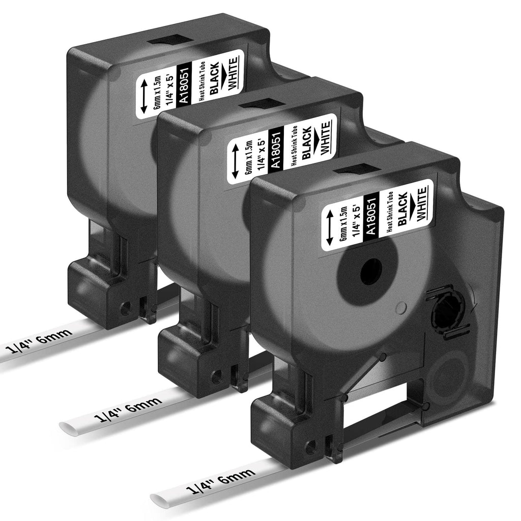 Rhino 18051 Compatible Dymo 4200 Rhino Heat Shrink Tube Labels for DYMO 18051 1/4" 6mm Industrial Label Tapes Work with DYMO 4200 5200 5000 6000 Industrial Label Maker, Black on White, 3-Pack