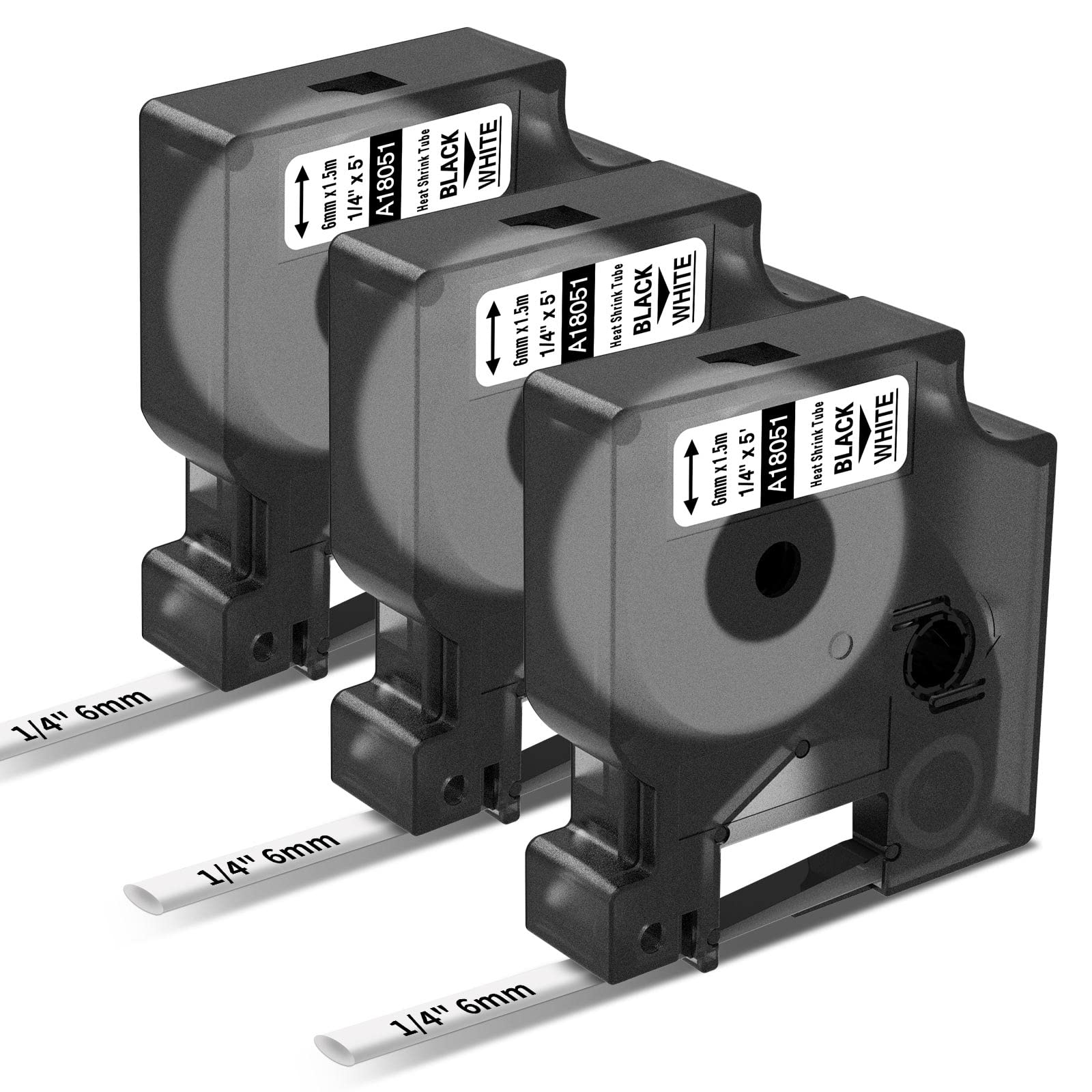 Rhino 18051 Compatible Dymo 4200 Rhino Heat Shrink Tube Labels for DYMO 18051 1/4" 6mm Industrial Label Tapes Work with DYMO 4200 5200 5000 6000 Industrial Label Maker, Black on White, 3-Pack