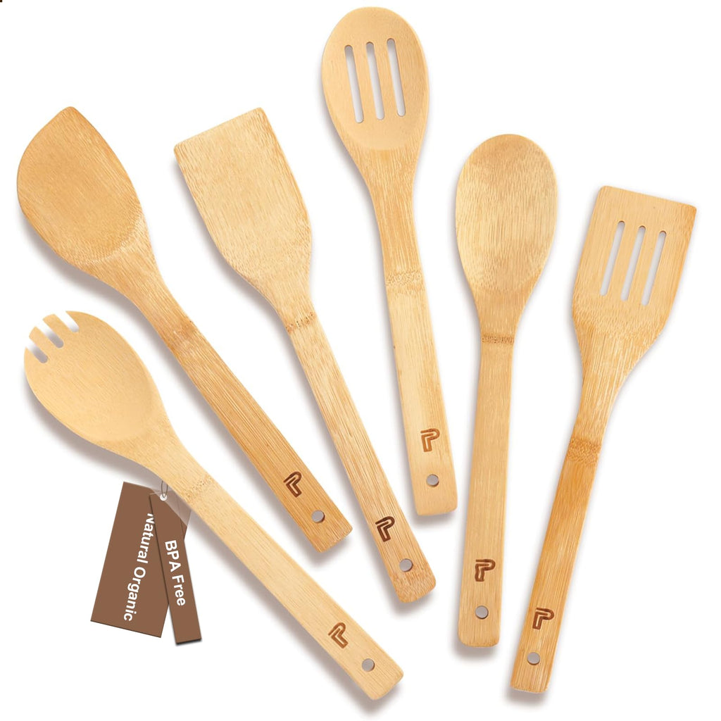 Puluole Wooden Utensils for Cooking - 6 Piece Wooden Spoons for Cooking,Premium Wood Spatula for Cooking,Non-Stick Wooden Cooking Utensil Set,Organic Bamboo Utensils,Kitchen Gifts for Women