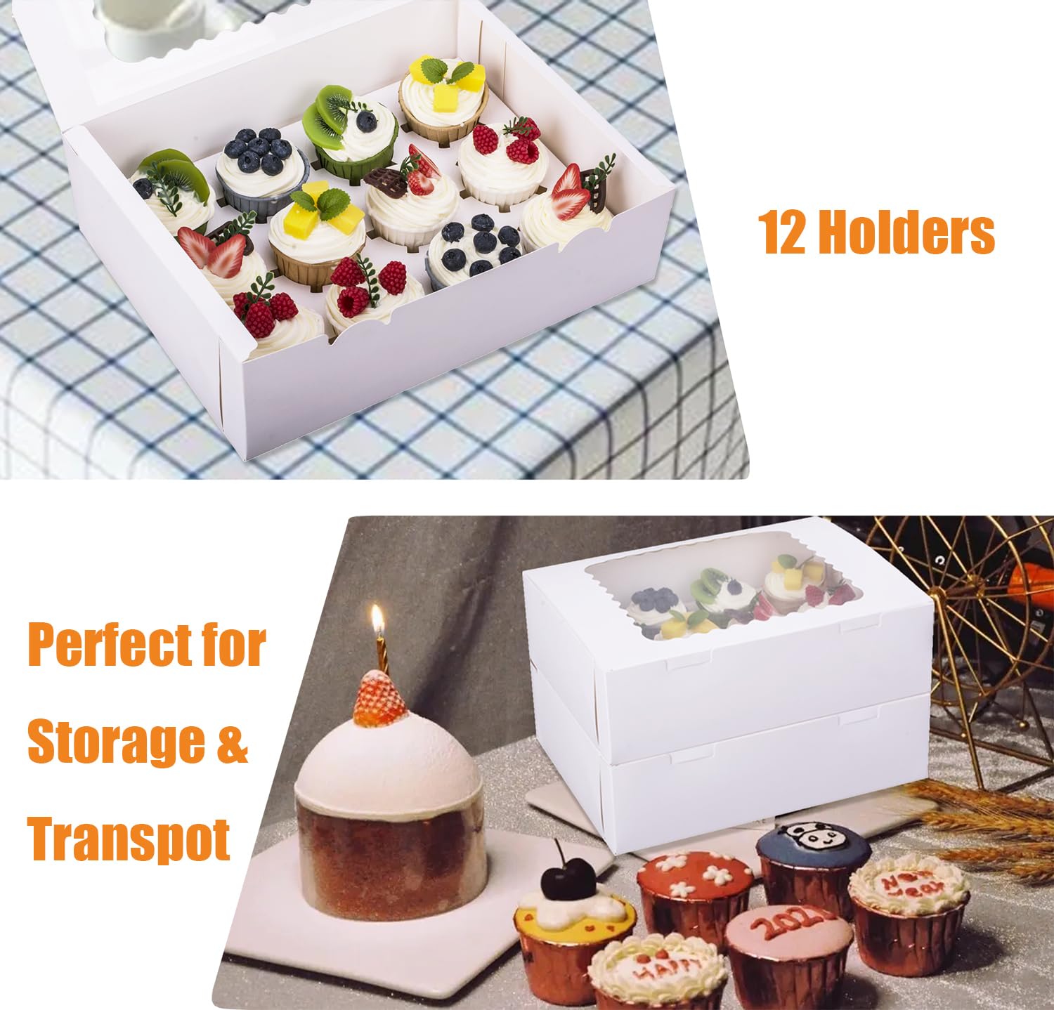 LONGTEAM 15-Set Cupcake Boxes Hold 12 Standard Cupcakes, Food Grade Cupcake Holders Bakery Carrier Boxes with Windows and Inserts for Cupcakes, Muffins and Pastries (White-15 Pack)