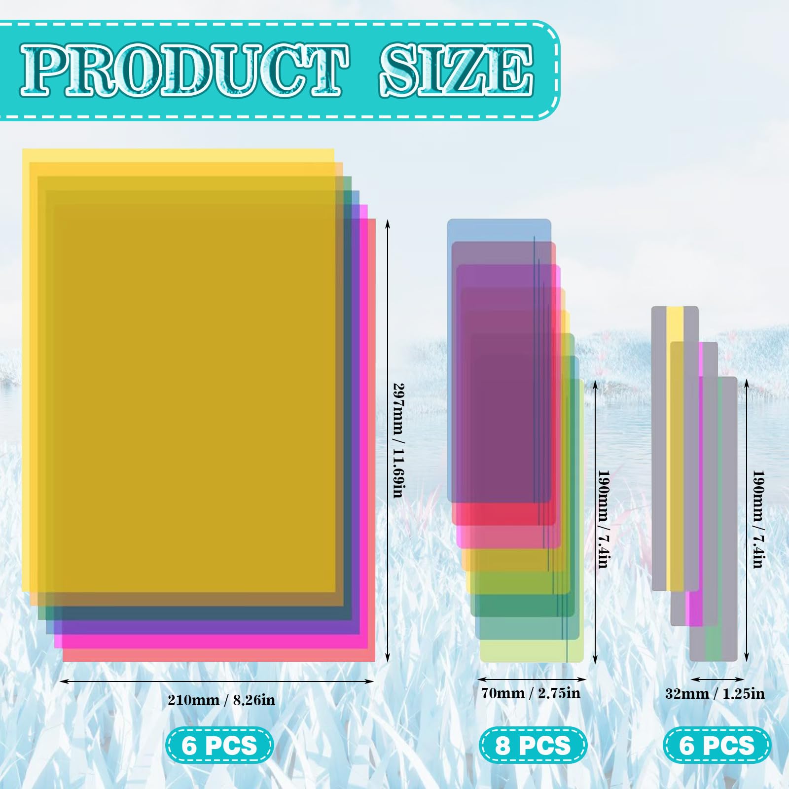 Dyslexia Reading Tools for Kids – 20PCS PET Colored Overlay Sheets in 3 Sizes (6 Large 210×297mm, 8 Medium 70×190mm, 6 Small 32×190mm) – Transparent Filters in 6 Bright Colors for Visual Str