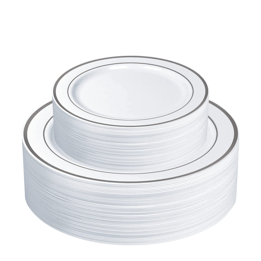 SETUP [60 Piece] Combo White Silver Rimmed Plates, Disposable Plates for Party - Premium Heavy-Duty Wedding Plates, 30 Disposable 10.25" Dinner Plates and 30 Disposable 7.5" Salad Plates