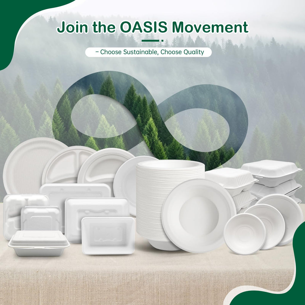 OasisSN 7 Inch 128 Pack Compostable Disposable Paper Plates, Heavy Duty Sugarcane Bagasse Plates, Biodegradable Eco-Friendly for Snacks & Parties, White