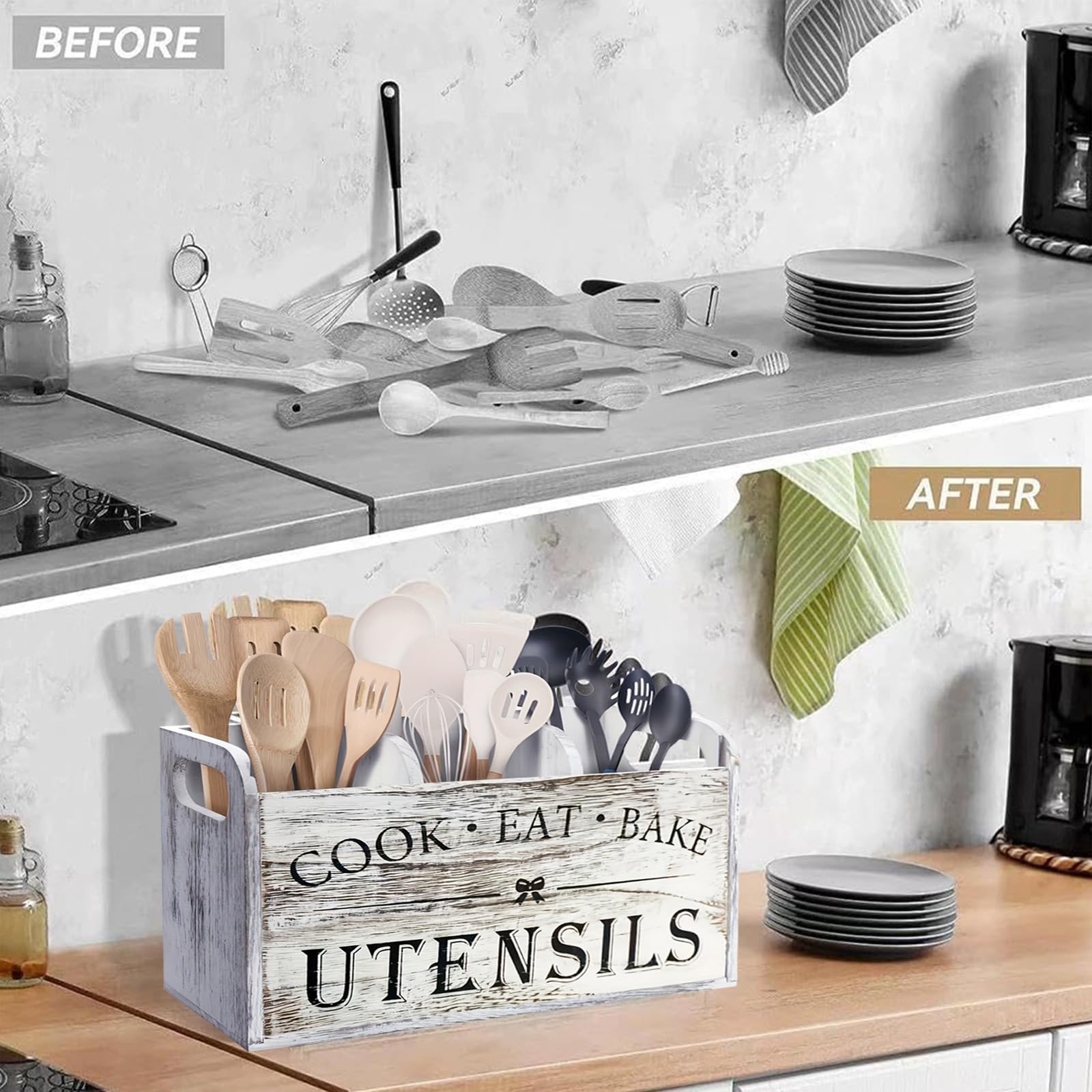 Large Kitchen Utensil Holder with 3 Compartments, Wooden Storage Utensil Organizer for Kitchen Countertop, Farmhouse Decor, Rustic Cooking Utensil Kitchen Tool Organizer Utensil Caddy (White)