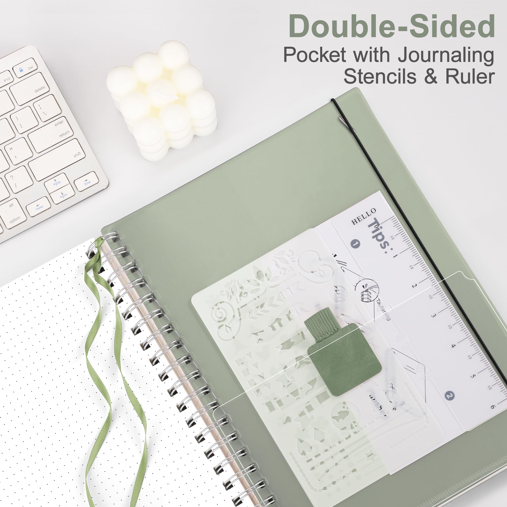 RETTACY Dotted Journal Notebook, 300 Pages, A4 Large Size (21 x 28 cm), 100 GSM Thick Paper, Flexible Plastic Cover, Spiral-bound, for Journaling, Planning, Tracking (Light Green)