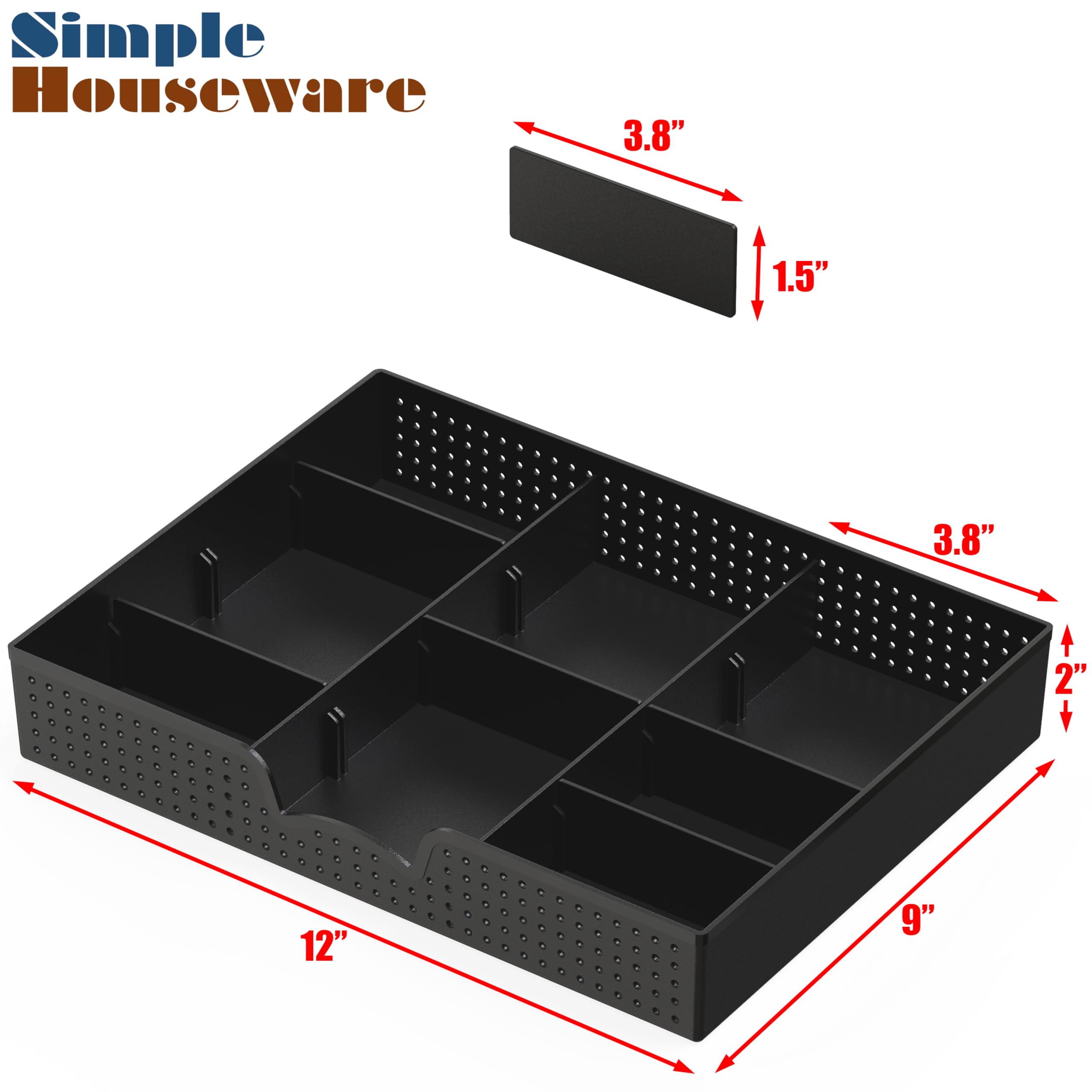 Simple Houseware Drawer Organizer Tray with 9 Adjustable Compartments, 2 Packs, Black