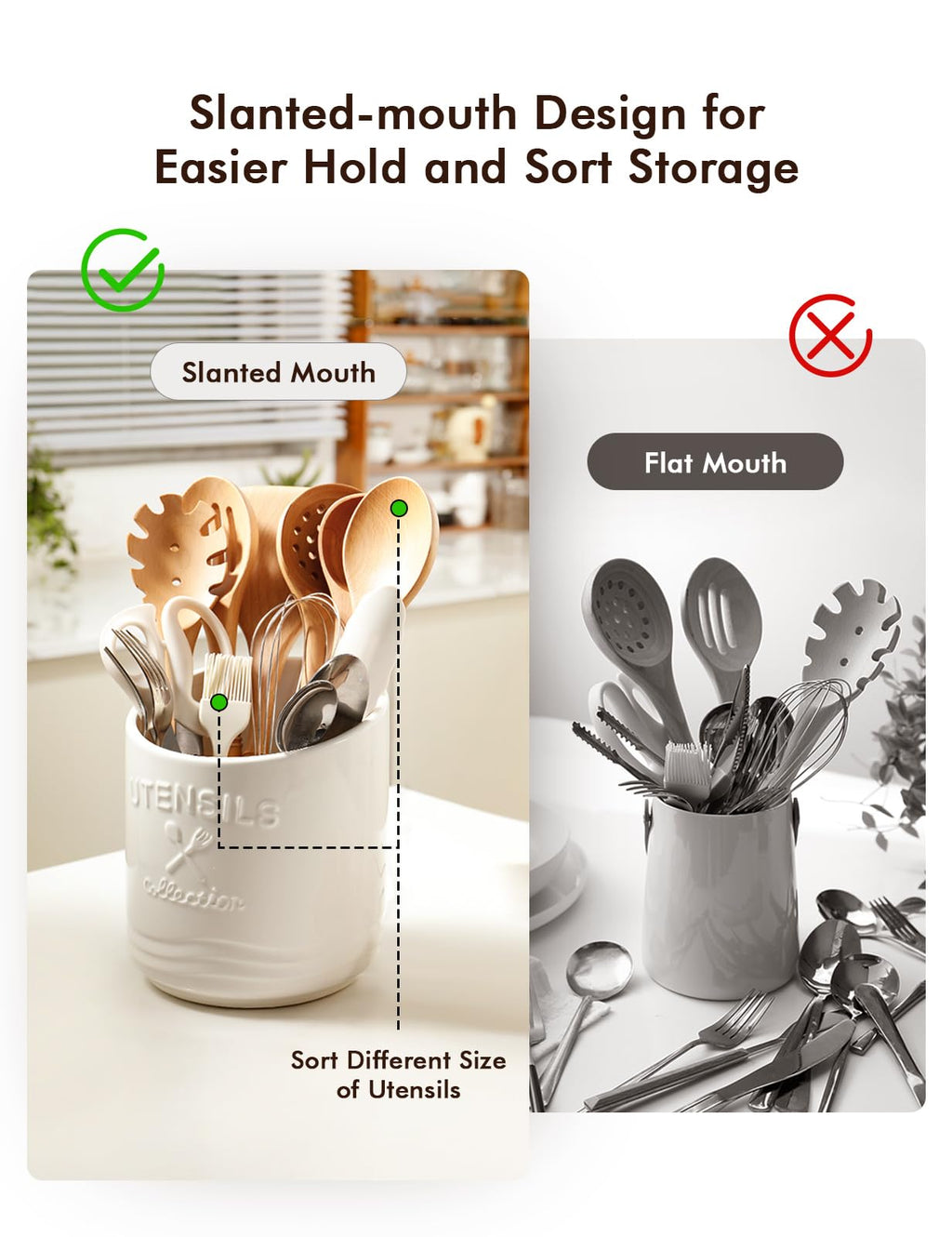 Utensil Holder for Counter,7.5" Large Kitchen Cooking Ceramic Utensil Holder for Farmhouse Décor,15° bevel design,Non-Slip Cork Base,White