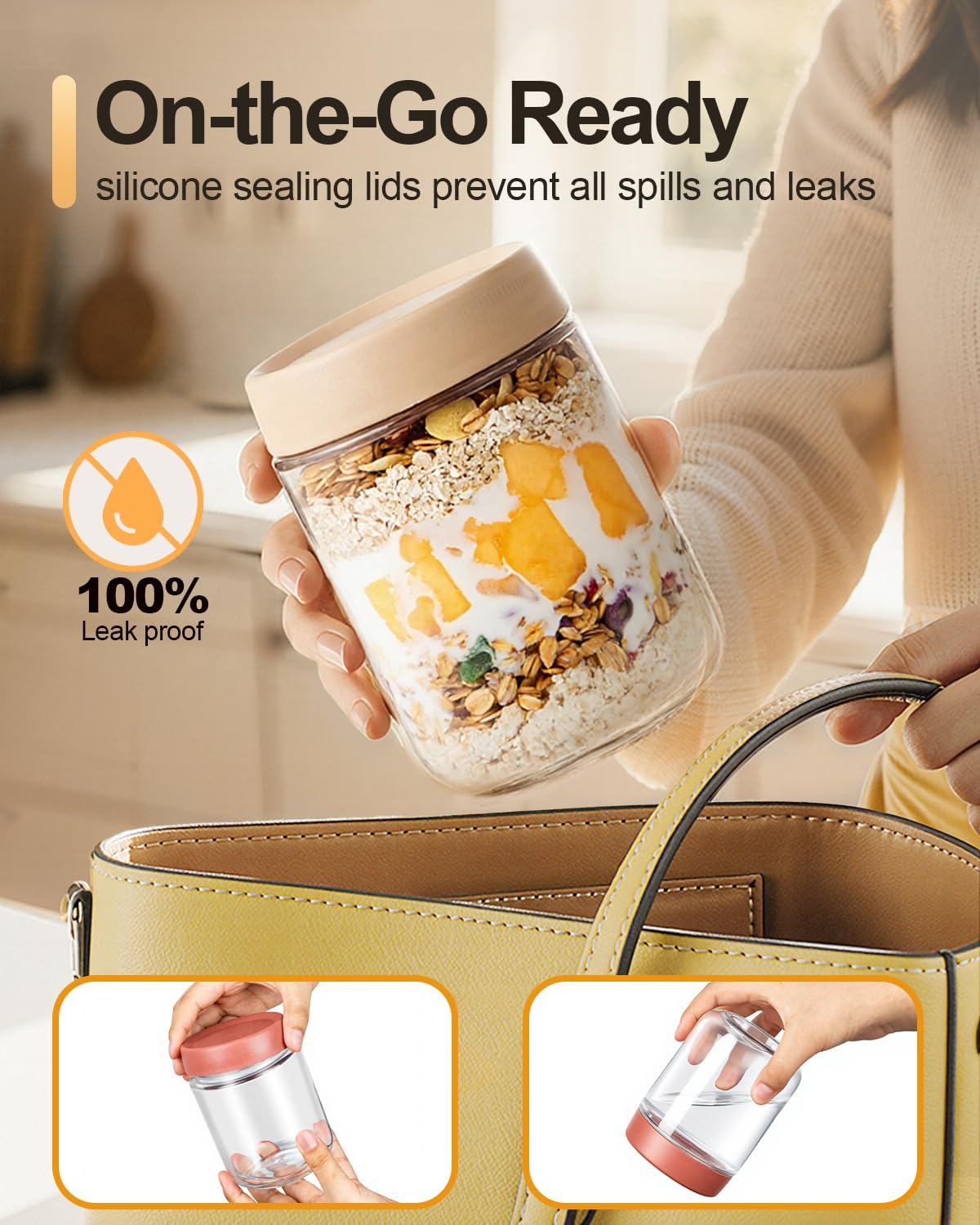 Overnight Oats Jars, 4 Pieces of 500ml/16oz Overnight Oatmeal Container with Lid by Pitch Pulse, Homemade Yogurt Oatmeal Salad Jam Pudding Storage Container