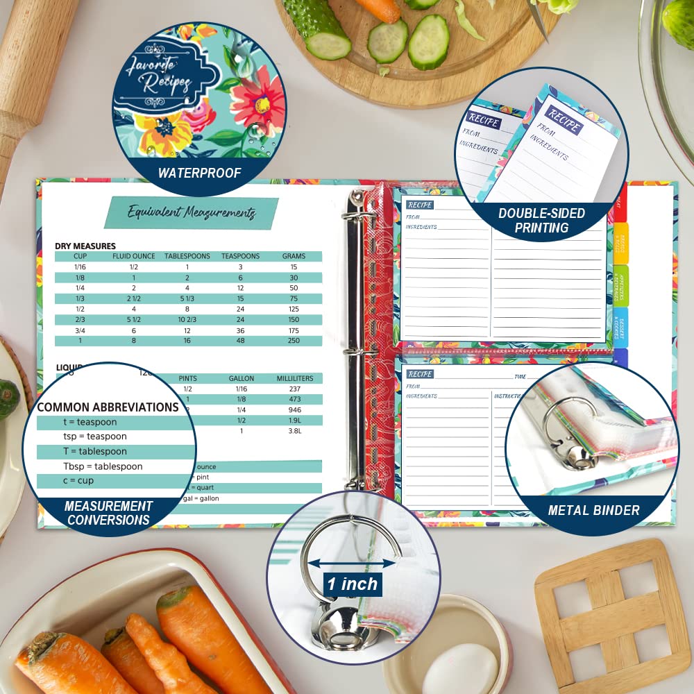 KiDEPOCH Recipe Binder Kit, 8.5 x 11 inch, 3 Ring Binder with 50 Plastic Sleeves, 100 Recipe Cards, 8 Dividers, Watercolor Floral Blue Design (XL)