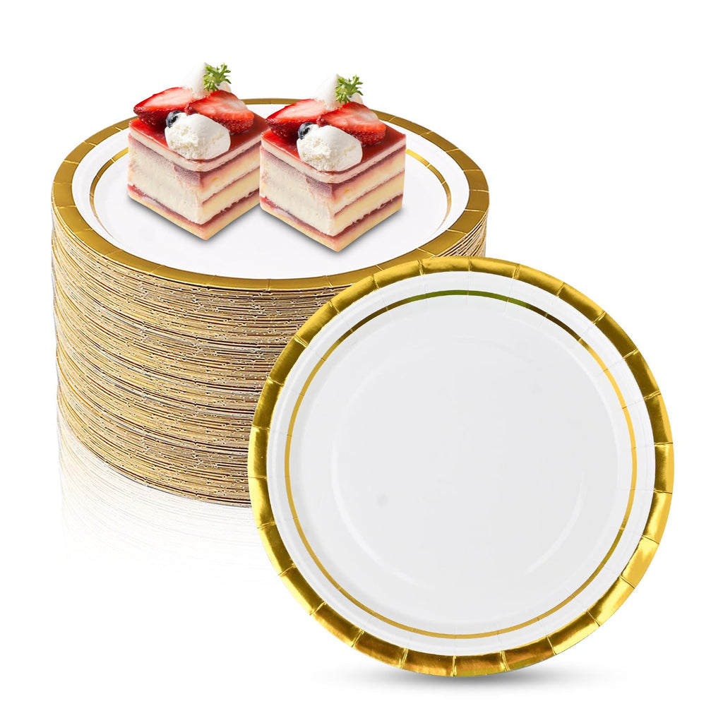 100 Pieces 7 Inches Disposable Paper Plates, Elegant Gold Rimmed Paper Plates Bulk, Round Party Plates for Wedding Birthday Baby Shower Graduction BBQ Picnic Holiday Decorations