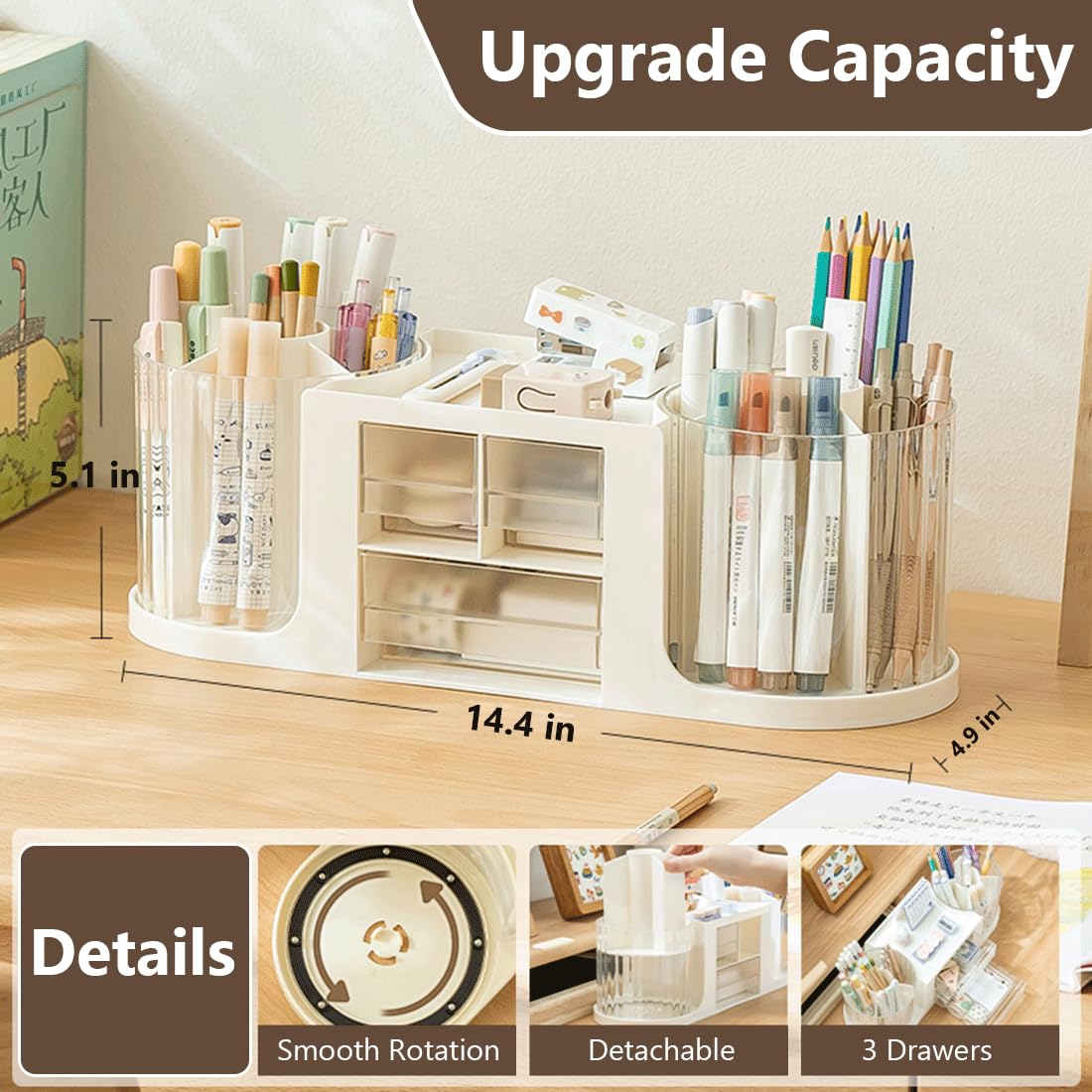 Rotating Desk Organizer with 2 Pen Holder, Office Desk Organizers and Storage with 10 Slots 360 Degree Rotating Pencil Holder for Desk+3 Drawer Organizers+1 Top Storage Tray for School Supplies