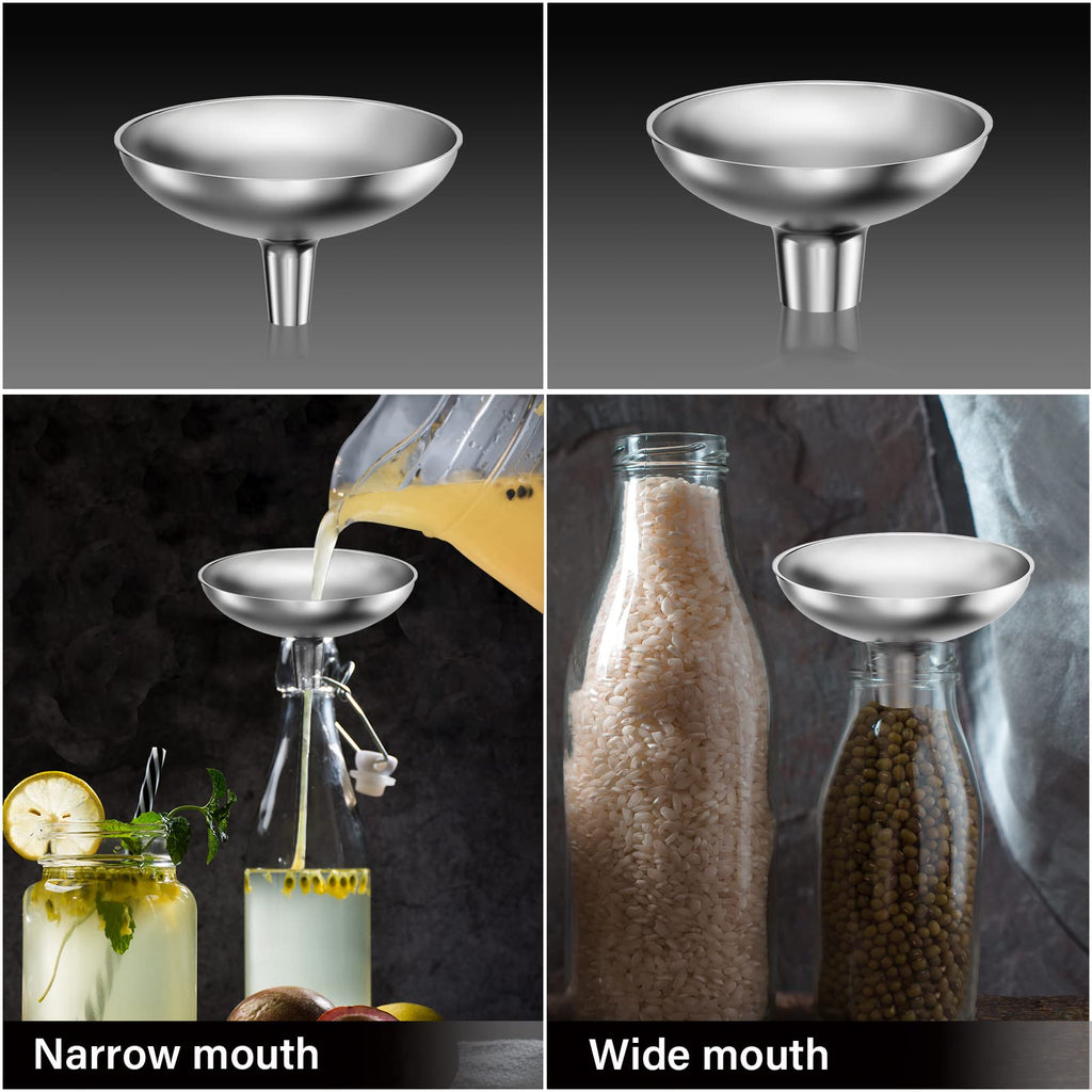 Serinar Stainless Steel Funnel, 2 Large and Small Mouth Filling Kitchen funnels, Liquids, fluids, Spices and Powders, Durable and Washable.