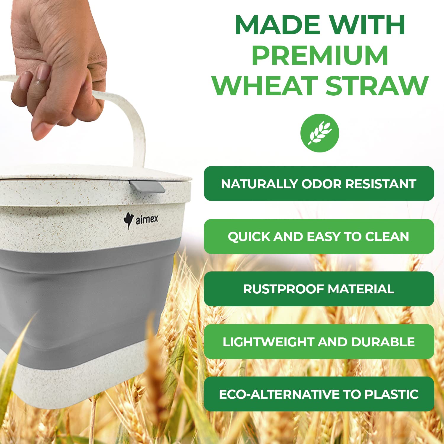 AIRNEX Collapsible Kitchen Compost Bin with Lid - 4 Liter / 1 Gal Countertop Compost Bin for Food Waste Made from Wheat Straw - Indoor Green Bin with 20 Compostable Bags & 2 Charcoal Filters