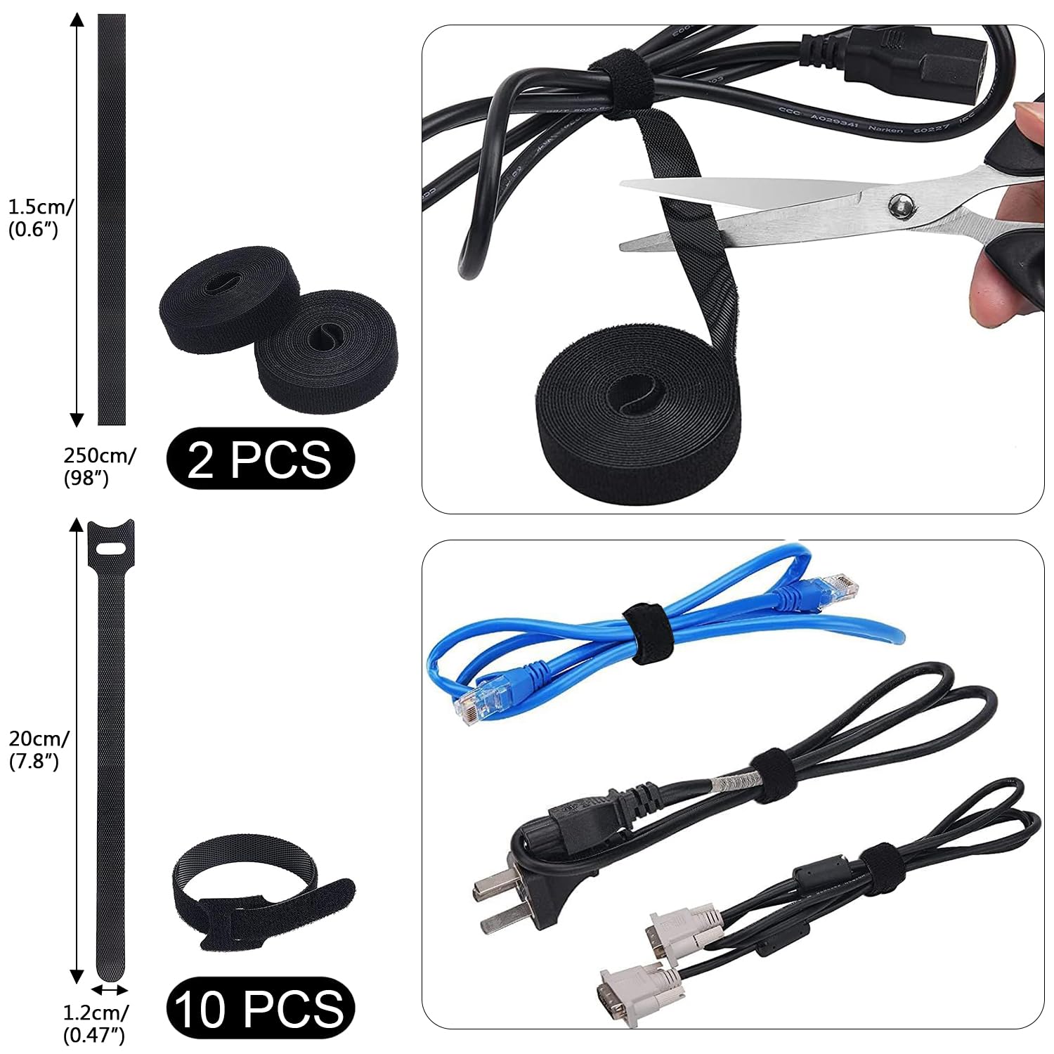 SOULWIT 200PCS Cable Management Kit,4 Cable Sleeves,37 Cable Clips,7 Cable Holders,10 Zip Tie Mounts,20 Cable Clip Nails,100 Cable Fastening Ties,20+2 Roll Cable Straps for TV PC Computer Under Desk