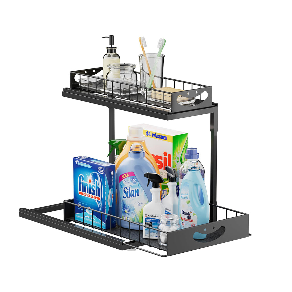 JAQ Under Sink Organizer, 2 Tier Metal Slide Out Under Cabinet Storage Shelves Rack for Kitchen Bathroom Pantry Lanudry, Attractive Emoji Smile Handle (Black, 1 Pack)