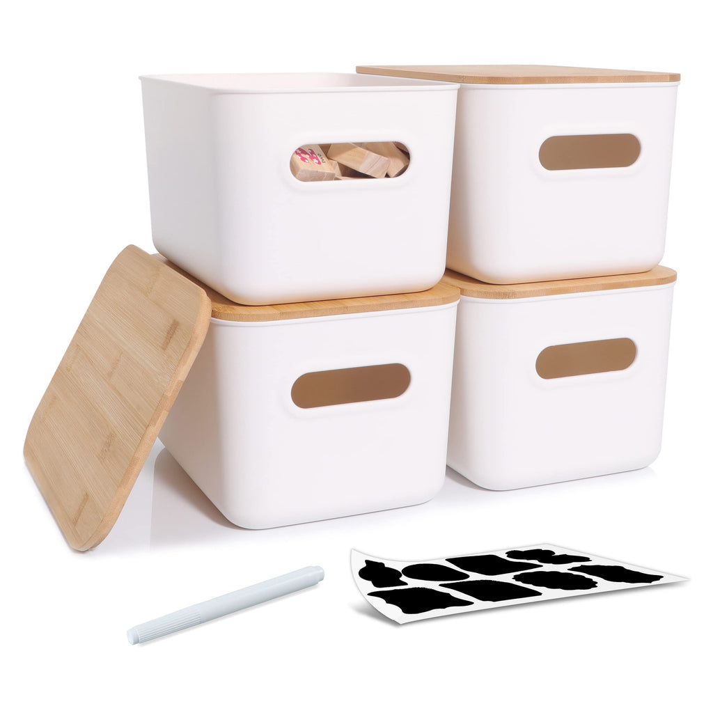 Citylife Closet Organizers and Storage - 4PCS Plastic Storage Bins with Bamboo lids, Stackable Storage Containers for Organizing, Bundled with Labels and Marker 10.24 x 7.01 x 6.1 inch