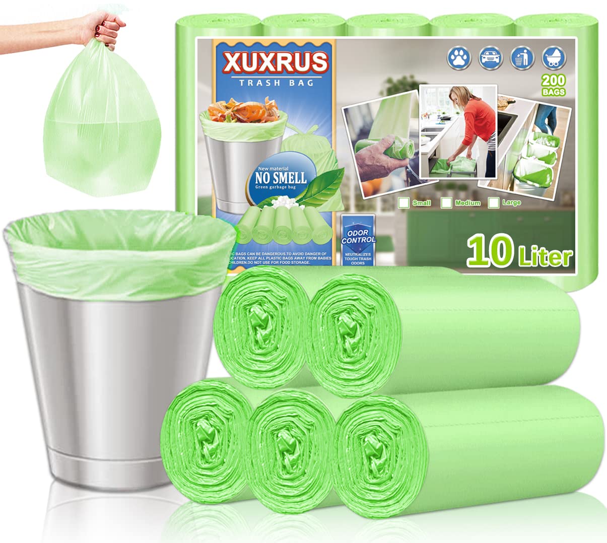 XUXRUS Food Wast Bags 10 litres Small Garbage Bags 3 Gallon Trash Bags for Kitchen 200Bags
