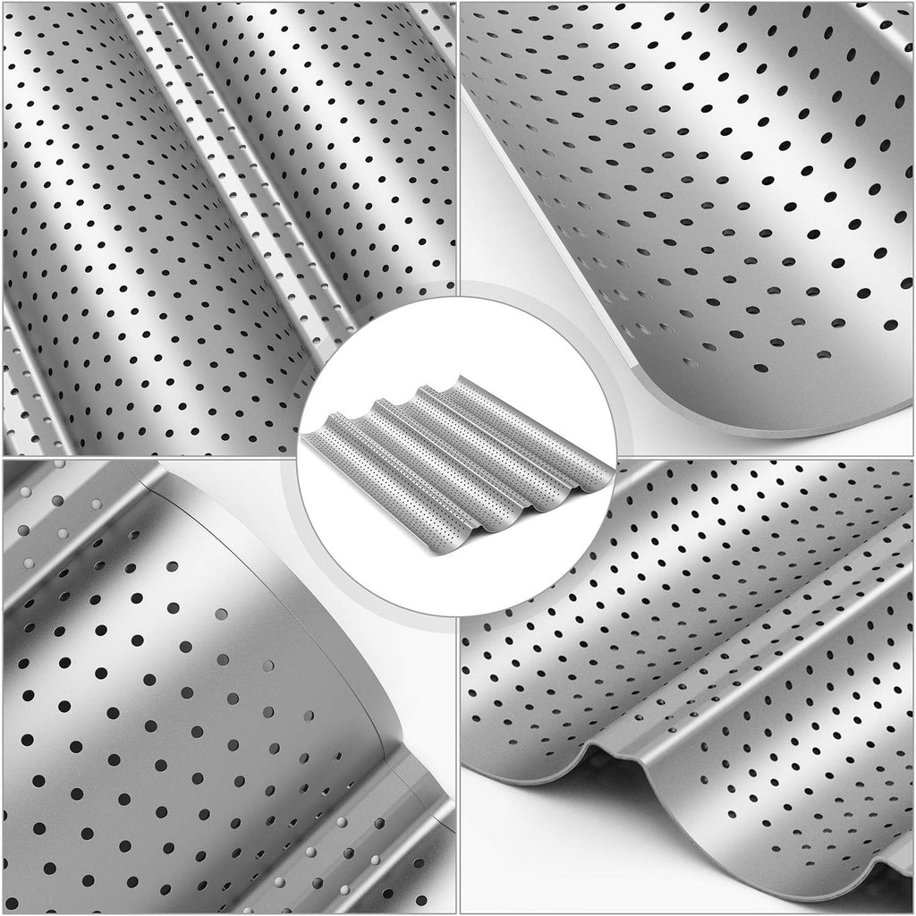 2 Pack Nonstick Perforated Baguette Pan 15" x 13" for French Bread Baking 4 Wave Loaves Loaf Bake Mold Toast Cooking Bakers Molding 4 Gutter Oven Toaster Pan (Sliver)