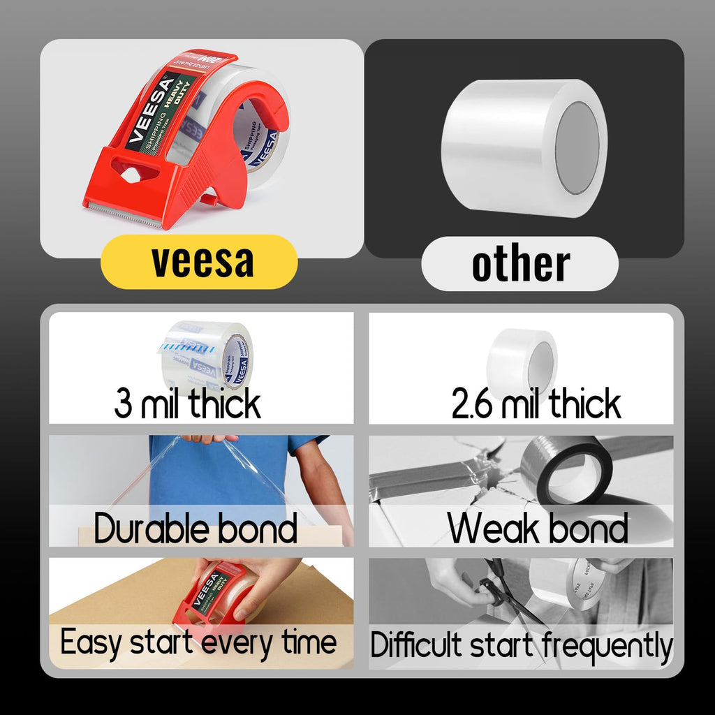 Packaging Tape with Dispenser, Strong Adhesive, 12 Rolls Clear Shipping Tapes, Heavy Duty Packing Tape for Shipping, Moving & Storing, 1.88" x 22.2 yd, 1.5" Core