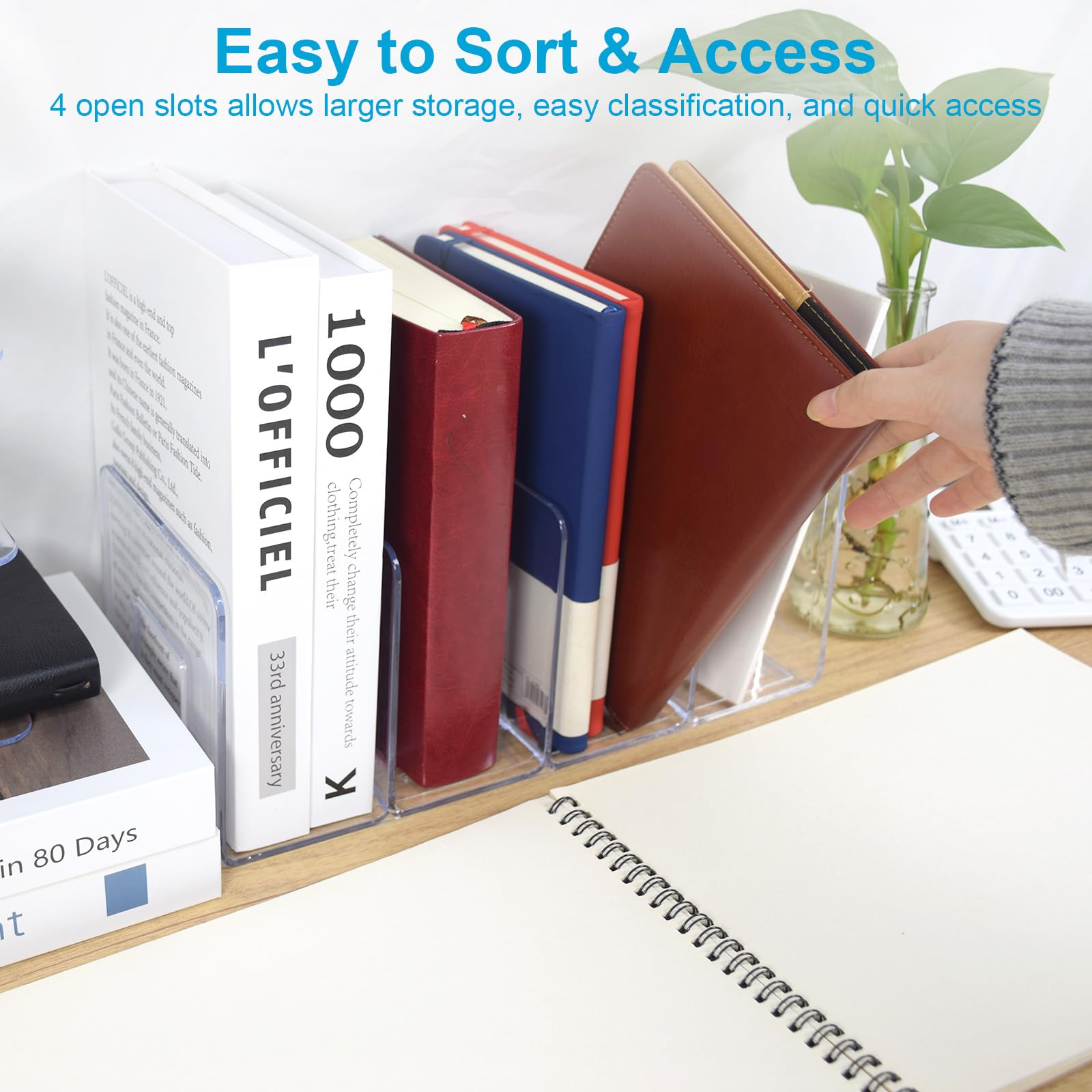 Marte Vanci Clear Acrylic File Sorter, Sturdy Desk File Organizer Shelf Book Holder Purse Handbag Clutch Divider File Folder Rack for Letter Cookbooks Home Office Kitchen Supplies 4 Sections (4 Pack)