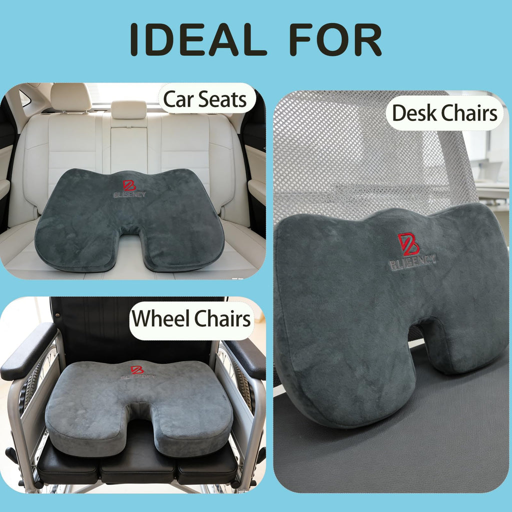 BLISENCHY Office Chair Cushion, Memory Foam Seat Cushion, Non Slip Sitting Pillow for Gaming, Car Seat, Computer Chair Pad, Sciatica and Tailbone Support, Washable Cover (Gray Flannel)