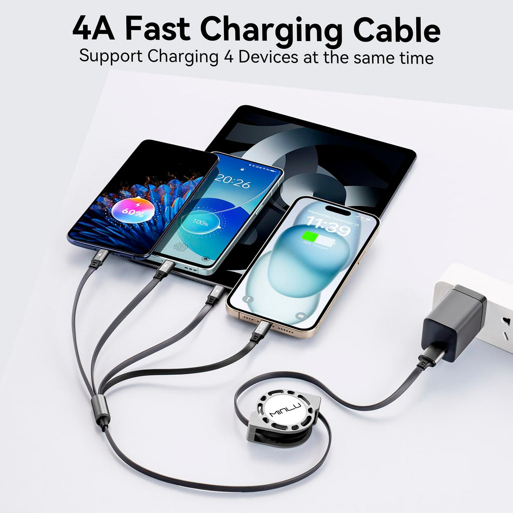 MINLU 4ft/1.2m 4-in-1 Retractable Multi Charging Cable, 4A, 2Pack, Compatible with iPhone, iPad, Samsung, Android, USB Type C/Micro USB, Gray