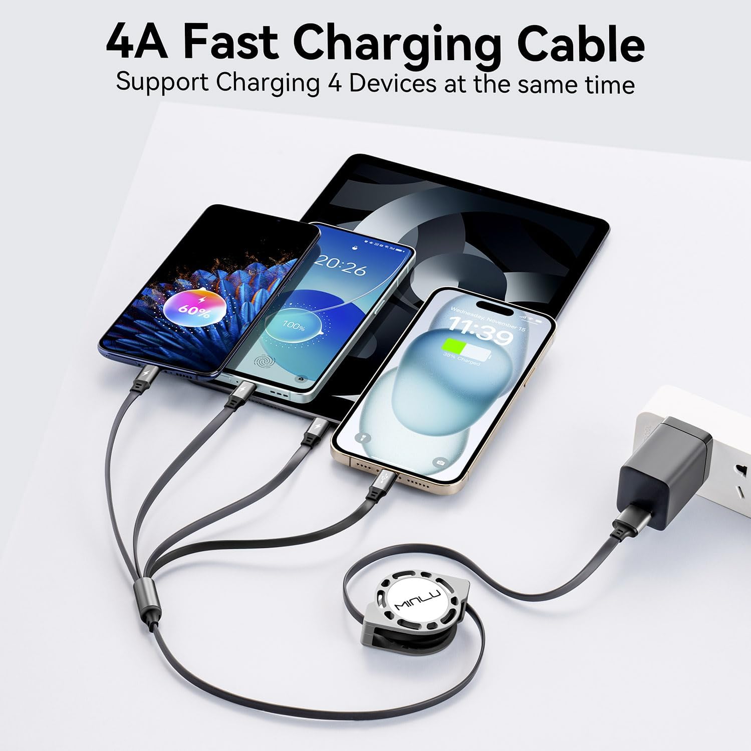 MINLU 4ft/1.2m 4-in-1 Retractable Multi Charging Cable, 4A, 2Pack, Compatible with iPhone, iPad, Samsung, Android, USB Type C/Micro USB, Gray