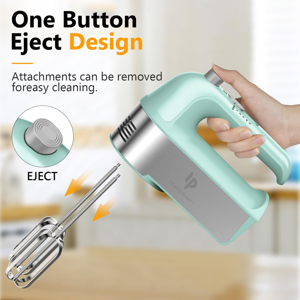 Hand Mixer Electric, 450W Kitchen Mixers with Scale Cup Storage Case, Turbo Boost/Self-Control Speed + 5 Speed + Eject Button + 5 Stainless Steel Accessories, For Easy Whipping Dough,Cream,Cake, Green