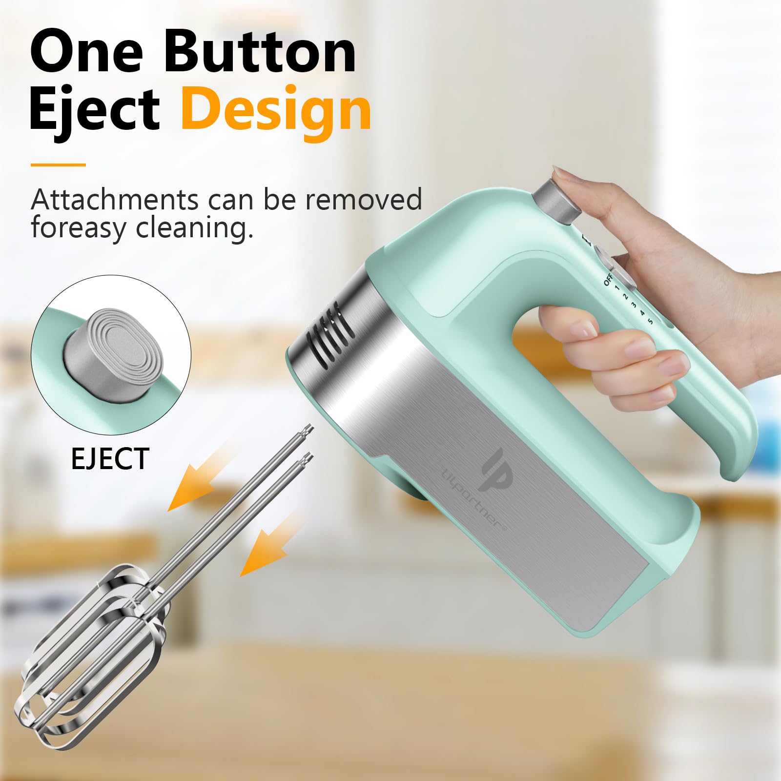 Hand Mixer Electric, 450W Kitchen Mixers with Scale Cup Storage Case, Turbo Boost/Self-Control Speed + 5 Speed + Eject Button + 5 Stainless Steel Accessories, For Easy Whipping Dough,Cream,Cake, Green