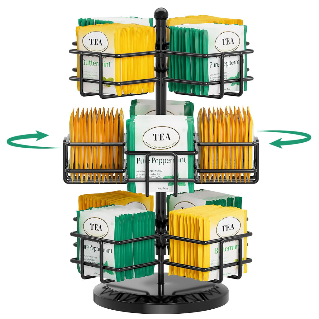 EsLuker.ly Tea Bag Holder Organizer for Counter 3 Tier Metal Teabag Storage Rack, Spinning Carousel Packet Display Stand, Tea Organizer Station with Easy Access for Kitchen Office, Black