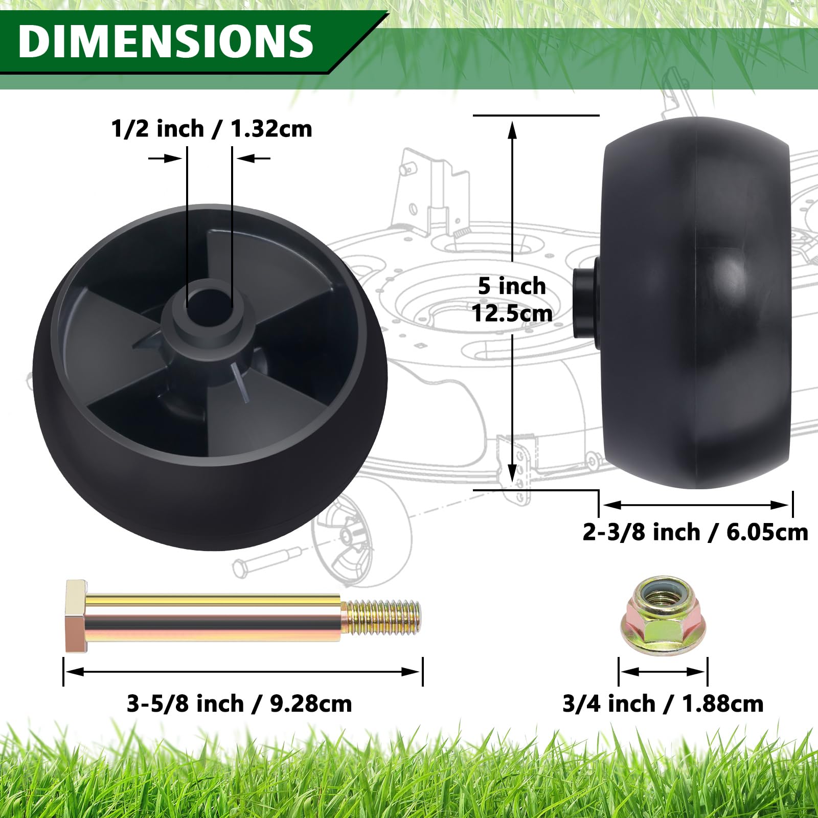 CheeMuii Deck Wheel Kit for MTD Cub Cadet 734-04155 Toro 112-0677 72-025 210-275 5" Deck Wheels with Shoulder Bolts Locknuts Pack of 4