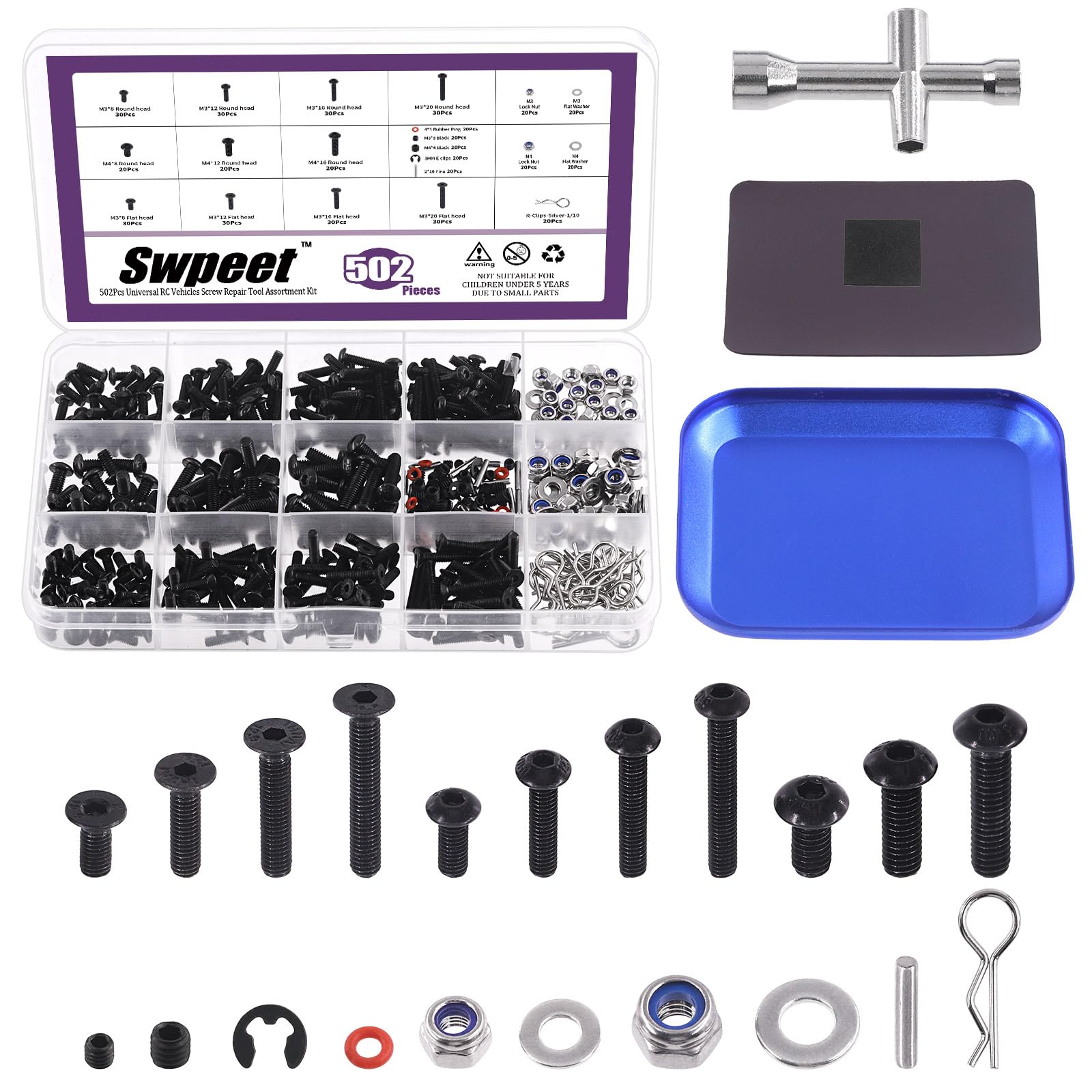 Swpeet 502Pcs Universal RC Screw Kit Screws Set, Hardware Fasteners Compatible with 1/8 1/10 1/12 1/16 Scale RC Cars Black