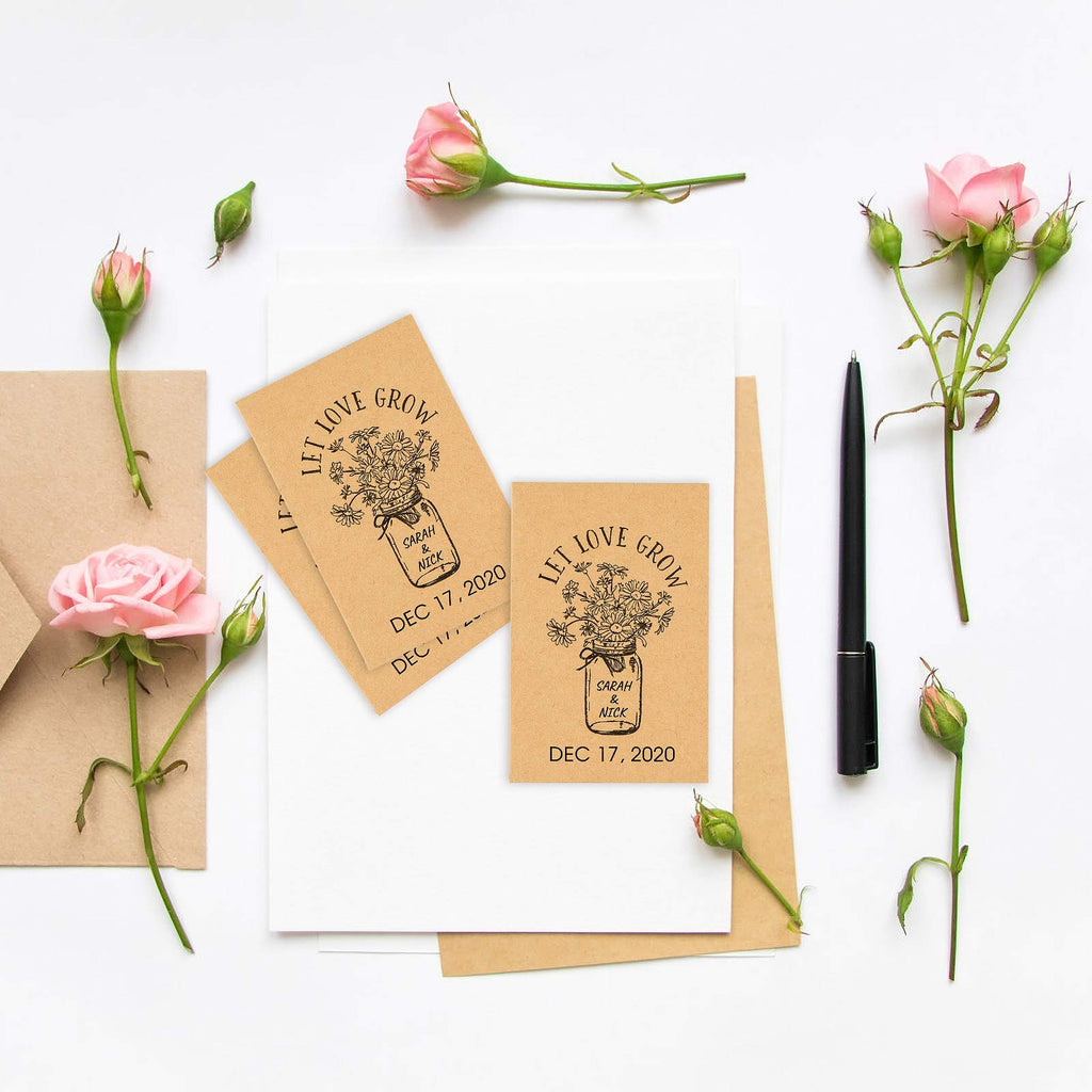 CINPIUK Wedding Favor Seed Packets, 100PCS Let Love Grow Self Adhesive Seed Packets Mason Jar Flowers Retro Kraft Envelopes Seeds Storage Paper Packets for Rustic Wedding Baby Shower Favors