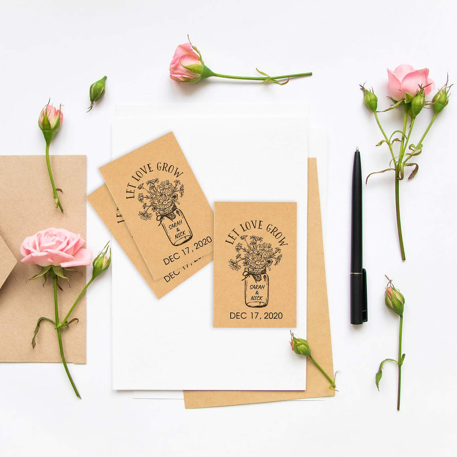 CINPIUK Wedding Favor Seed Packets, 100PCS Let Love Grow Self Adhesive Seed Packets Mason Jar Flowers Retro Kraft Envelopes Seeds Storage Paper Packets for Rustic Wedding Baby Shower Favors