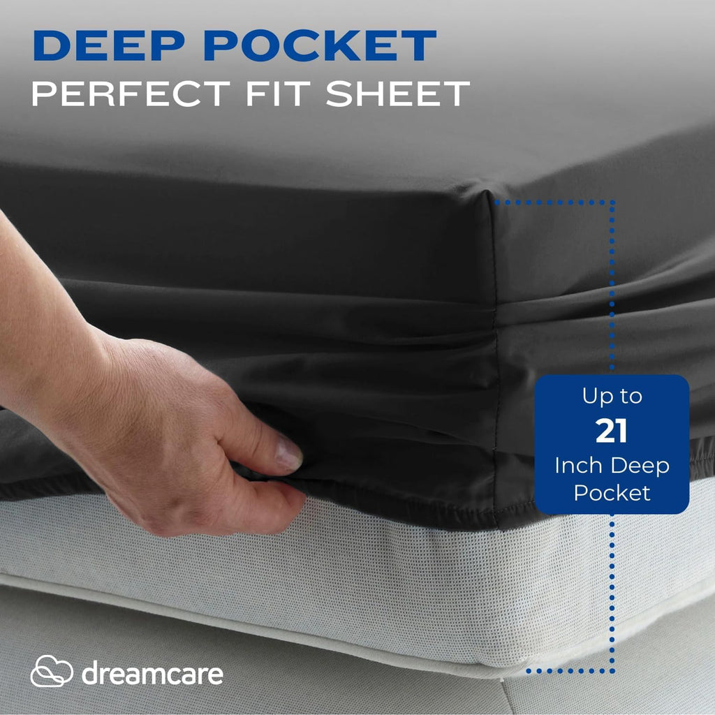 DREAMCARE King Size Bed Sheets - 4 Piece Deep Pocket King Sheets Set - Up to 21in Luxury Hotel Bedding Sets - Draps Lit King - Elegant Comfort - Shrink & Fade Resistant - (King Extra Deep, Gray)