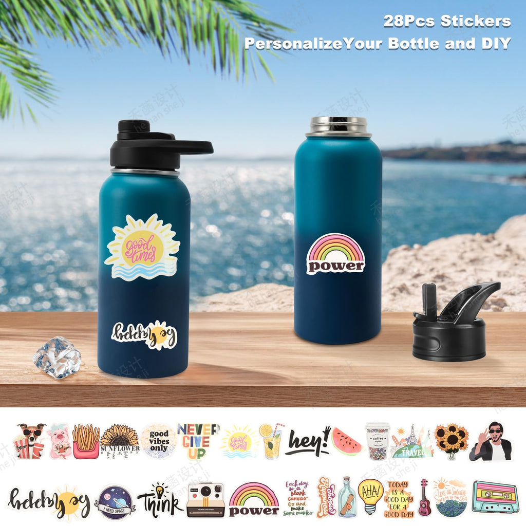 Insulated Water Bottle, 32oz Vacuum Stainless Steel Metal Sports Water Bottles with Stickers, Straw & Spout Lid (2 Lids), Double Walled to Keeps Hot and Cold, Leak Proof, BPA-Free, 32oz (Green Blue)