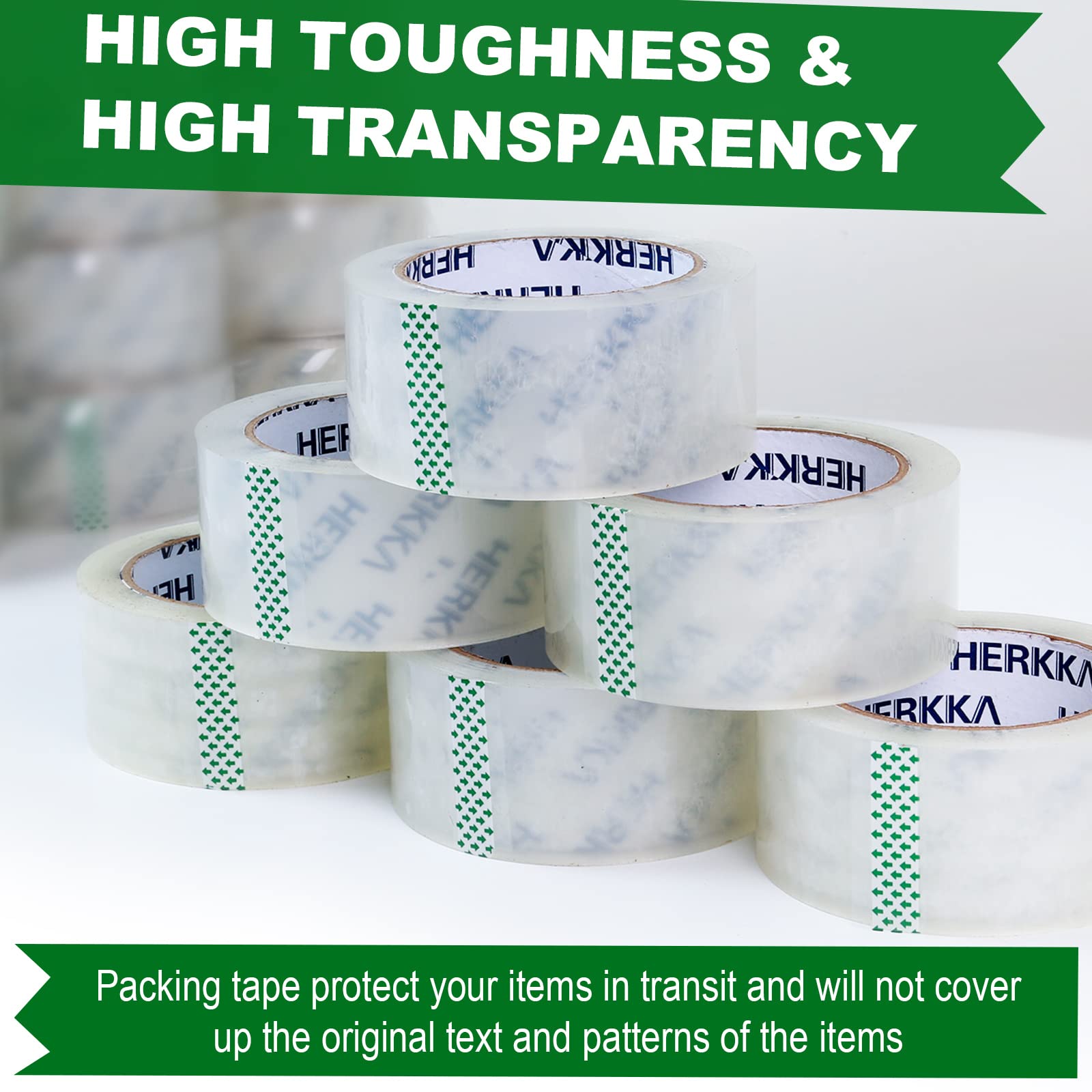 Clear Packing Tape, HERKKA 12 Rolls Heavy Duty Packaging Tape for Shipping Packaging Moving Sealing, Thicker Clear Packing Tape, 1.88 inches Wide, 65 Yards Per Roll, 780 Total Yards