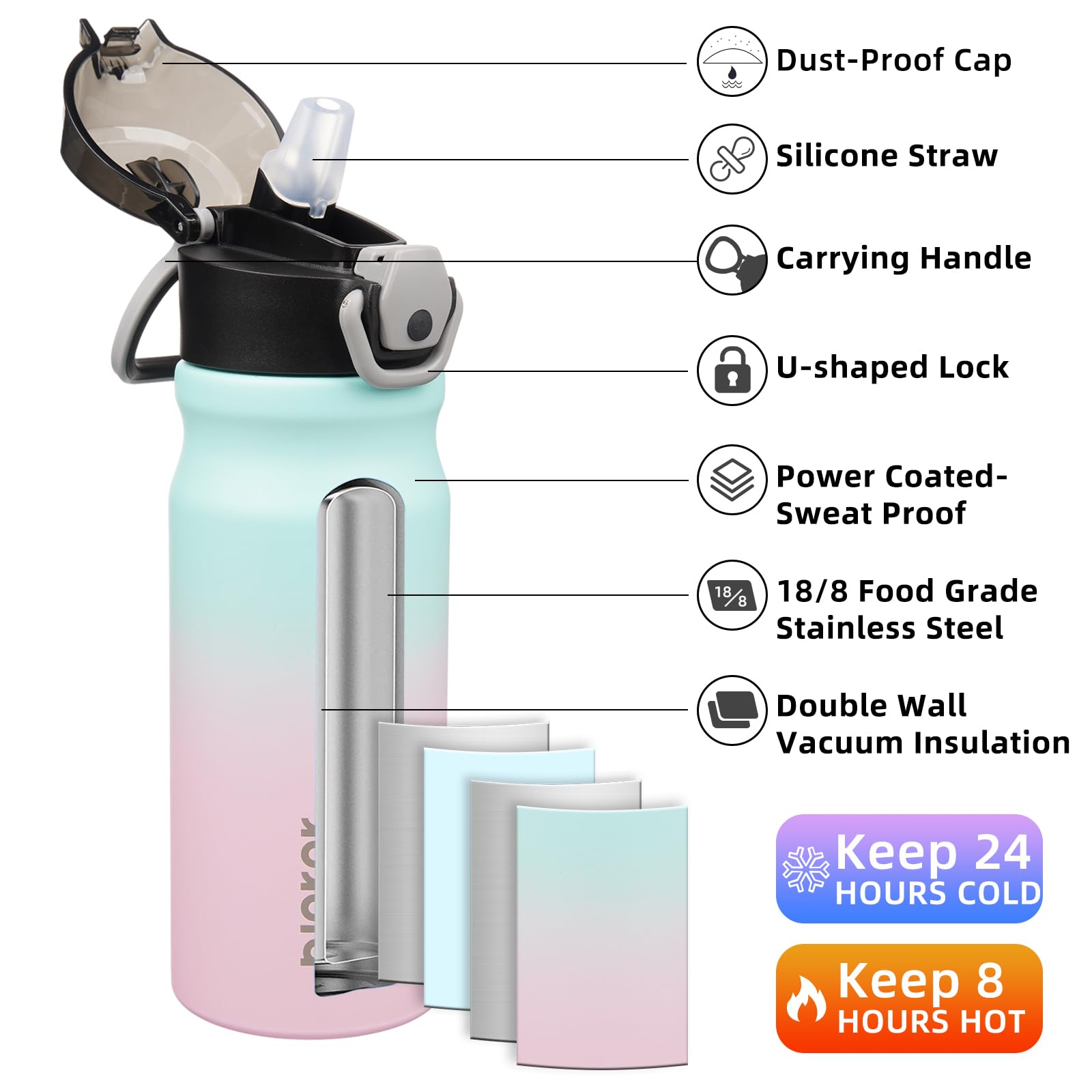 BJPKPK 18oz Insulated Water Bottle with Straw Stainless Steel Double Wall Water Bottles BPA Free Leak Proof Thermo with Lockable Flip Lid and Soft Silicone Spout,Bubble Gum