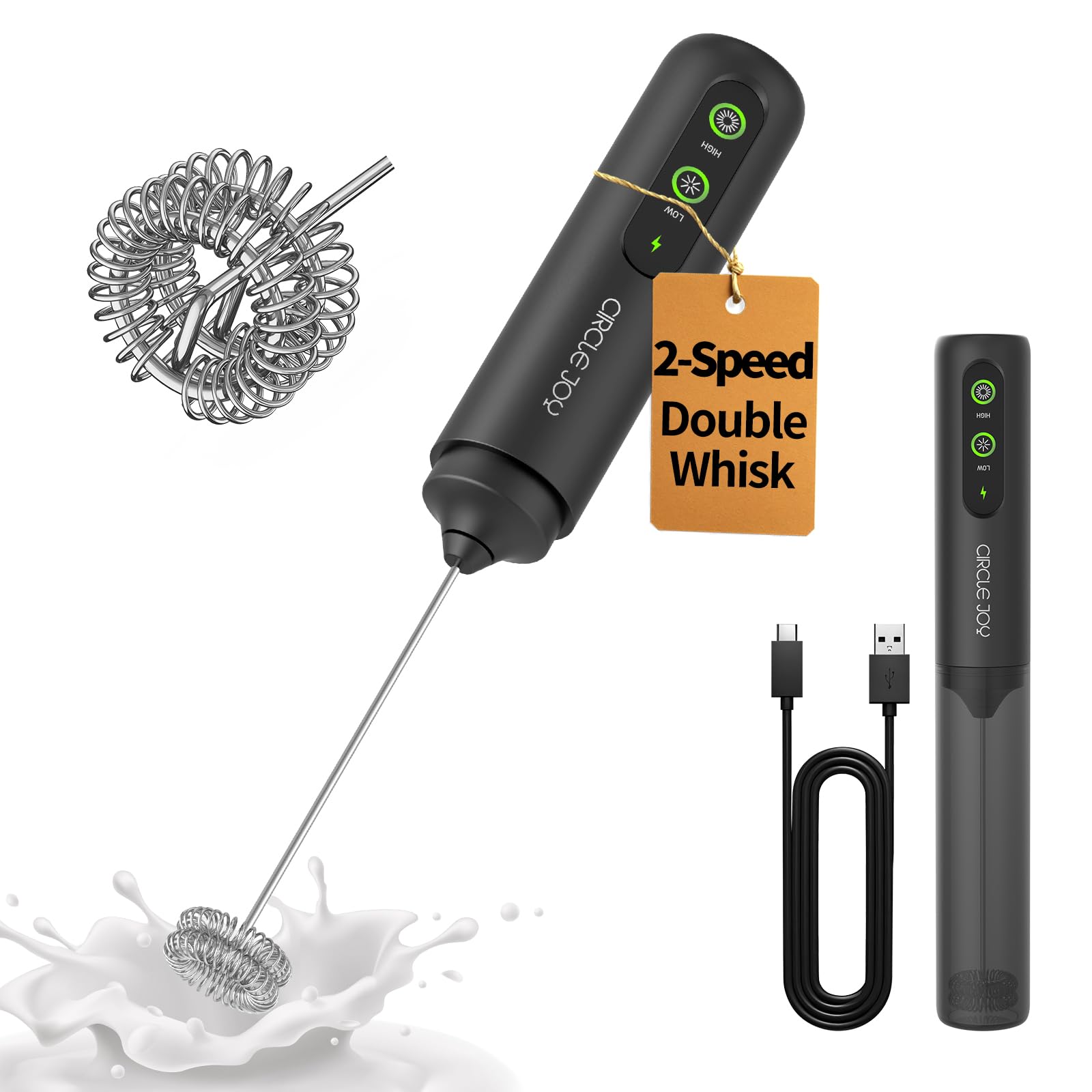 CIRCLE JOY 2-Speed Rechargeable Milk Frother Hanheld, Dual Coil Whisk Head Electric Coffee Frother, Portable Hand Frother Wand Drink Mixer for Matcha Lattes Cappuccino