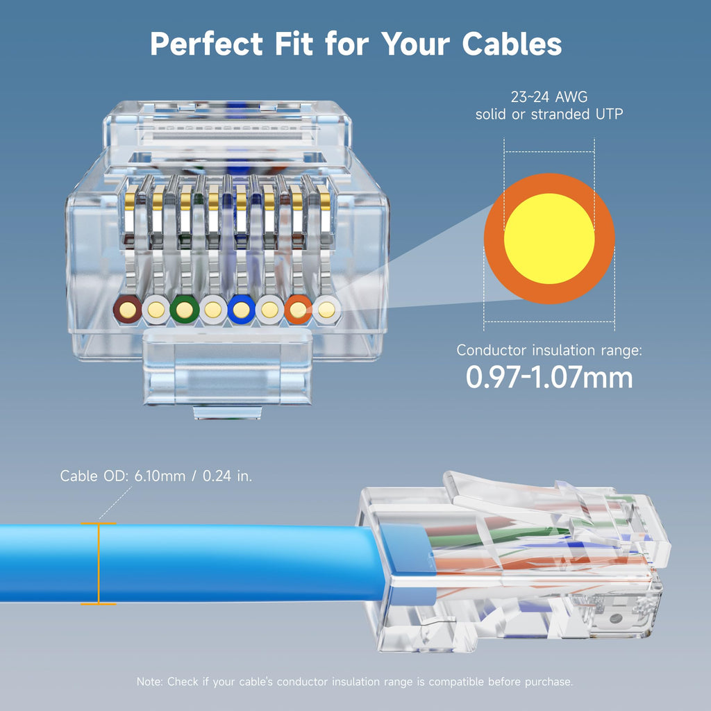 Cable Matters 100-Pack Cat 6 Pass Through RJ45 Connectors (Cat 6 Ends / Cat6 Connector / RJ45 Modular Plugs/Ethernet Plugs/Network Connector) for Solid or Stranded UTP Ethernet Cable