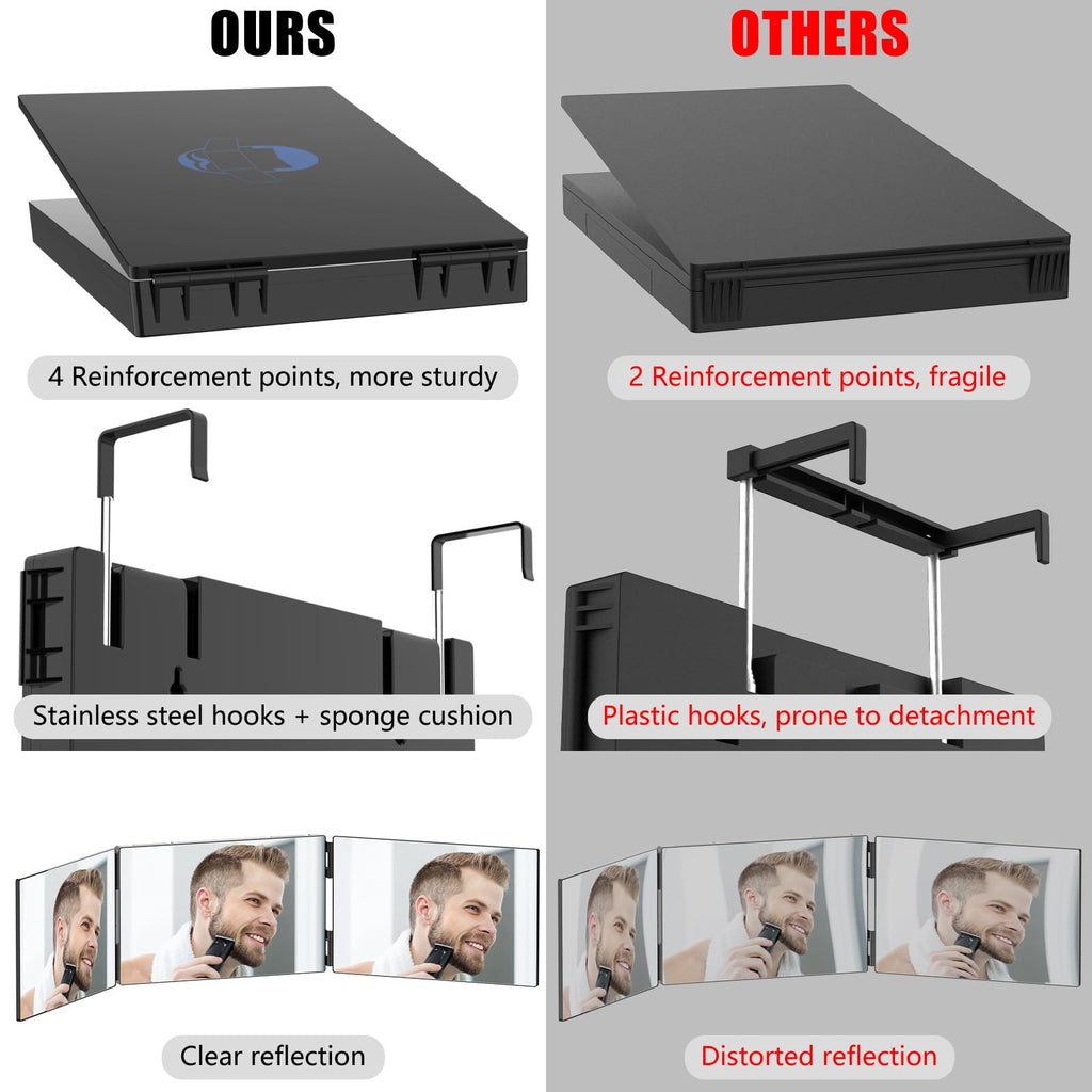 OLIBUY 3 Way Mirror for Hair Cutting, Tri-fold Mirror for Shaving, Haircutting, Braiding, Hair Styling and Makeup with Height Adjustable Hooks, Ideal Gift for Men or Women
