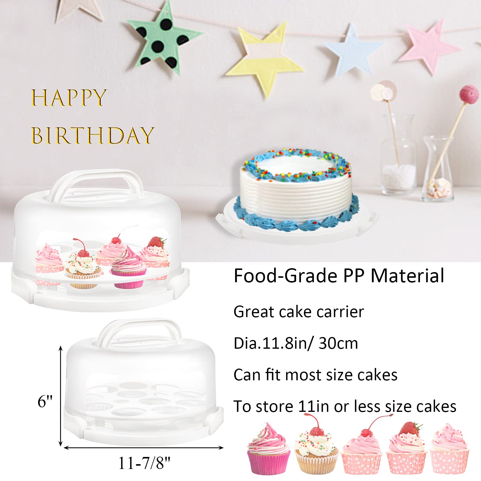 Yesland Cake Carrier with Collapsible Handle - White Cake Container and Holder with Lid - Portable Plastic Round Cake Cover for 10 inch Cake, Pies, Cookies, Nuts, Muffins, Cupcakes and Fruit