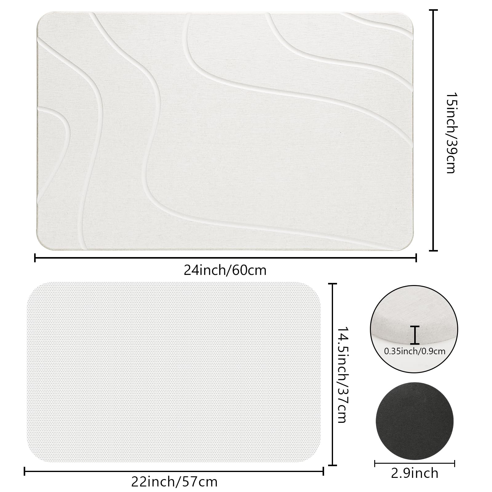 Ceecysaa Stone Bath Mat, Non-Slip Diatomaceous Earth Shower Mat, Quick Drying Bath Mat Stone, Super Absorbent Diatomite Bath Mats for Bathroom Kitchen, Easy to Clean, 60 x 39cm, White