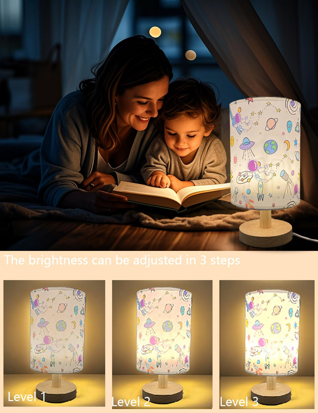 Astronaut Kids Table Lamp, Astronauts Room Decor for Boys,3 Level Dimmable Wood Nightstand Desk Base Flaxen Fabric Shade for Bedroom Living Room,Astronauts Gifts for Boys (cosmonaut)