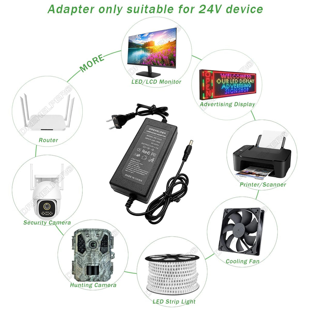 DREHELPER® 24V 5A 120W Power Adapter, Input AC100-240V Output DC24V Transformer, 24 Volts DC Power Supply for 24V 5050 2835 COB LED Strip Light CCTV Camera Monitor Printer Scanner 24V Power Cord