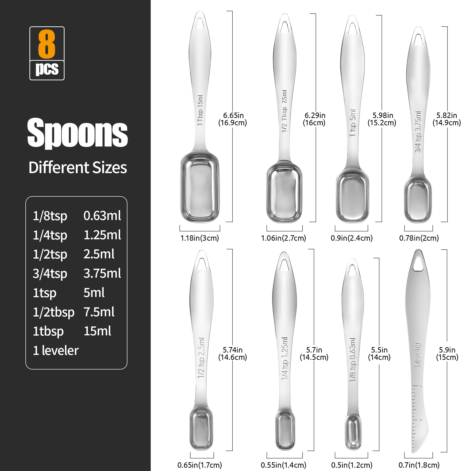 8-Piece Square Measuring Spoons with Leveler: Doosu 18/8 Stainless Steel Narrow Tablespoon Teaspoon Set for Measure Dry & Liquid Ingredients, Kitchen Rectangular Spice Jar Scoop with Long Handle