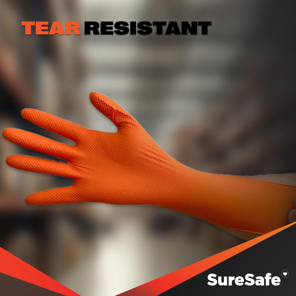 [100 Pack] SURESAFE 8 Mil Nitrile Gloves XL, Orange Food Safe Gloves Disposable, Heavy Duty Powder & Latex Free, Diamond Grip, Fully Textured & Ribbed, For Work, Mechanics, Plumbing, Food Prep