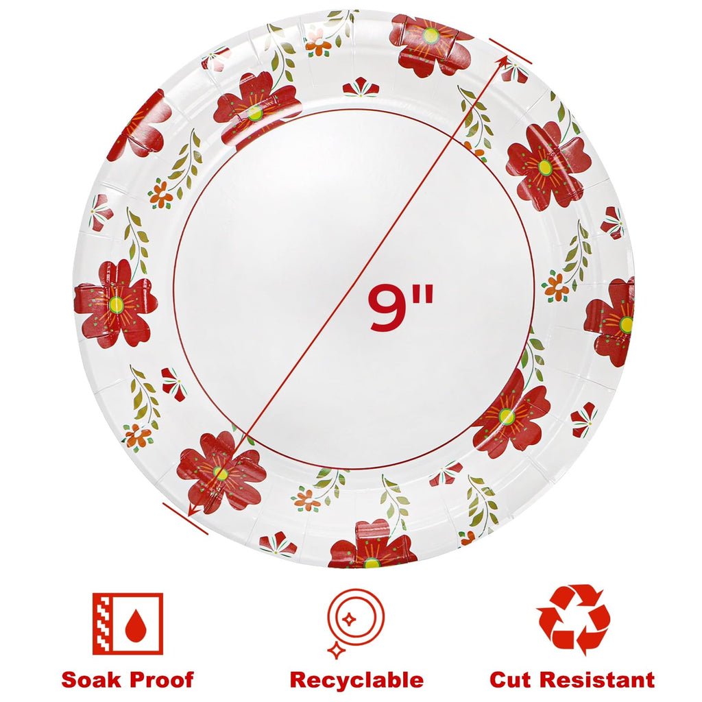 Hiceeden 9 Inch Disposable Paper Plates, 200 Count Heavy Duty Dinner Paper Plates, Holiday Plate with Red Flower Pattern for Daily Use, Soak Proof, Cut Proof, Microwavable
