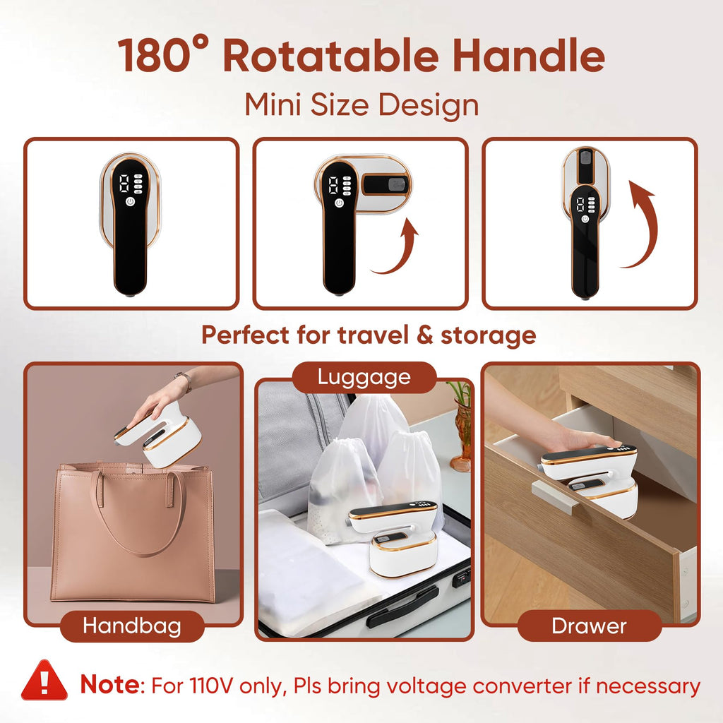 Upgraded - Portable Steamer for Clothes - LED Display & 3+1 Level Steam, Foldable Compact Mini Iron, Small Handheld Iron with Ironing Gloves, College Essential, White(Only for 110V, Such as Canada/US)